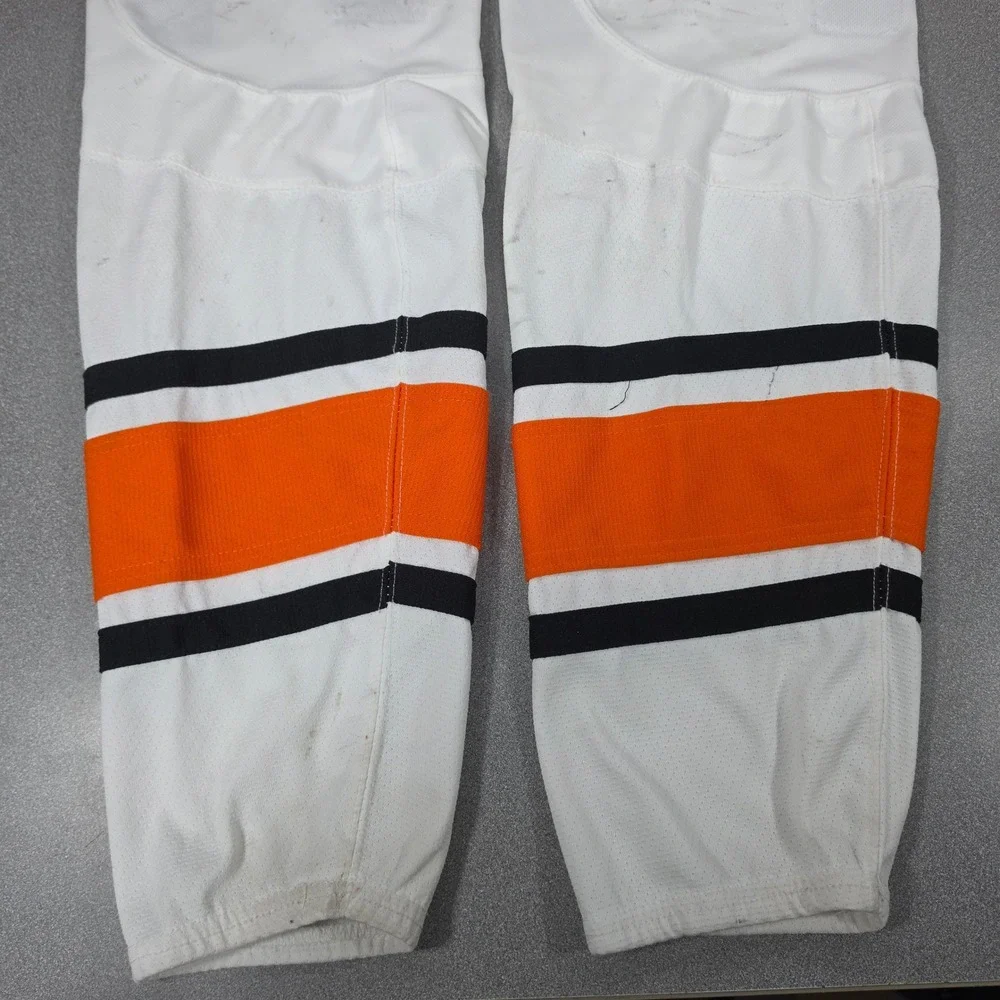 AK Hockey Socks Adult 24in White Orange Black Fair Striped Mesh Performance